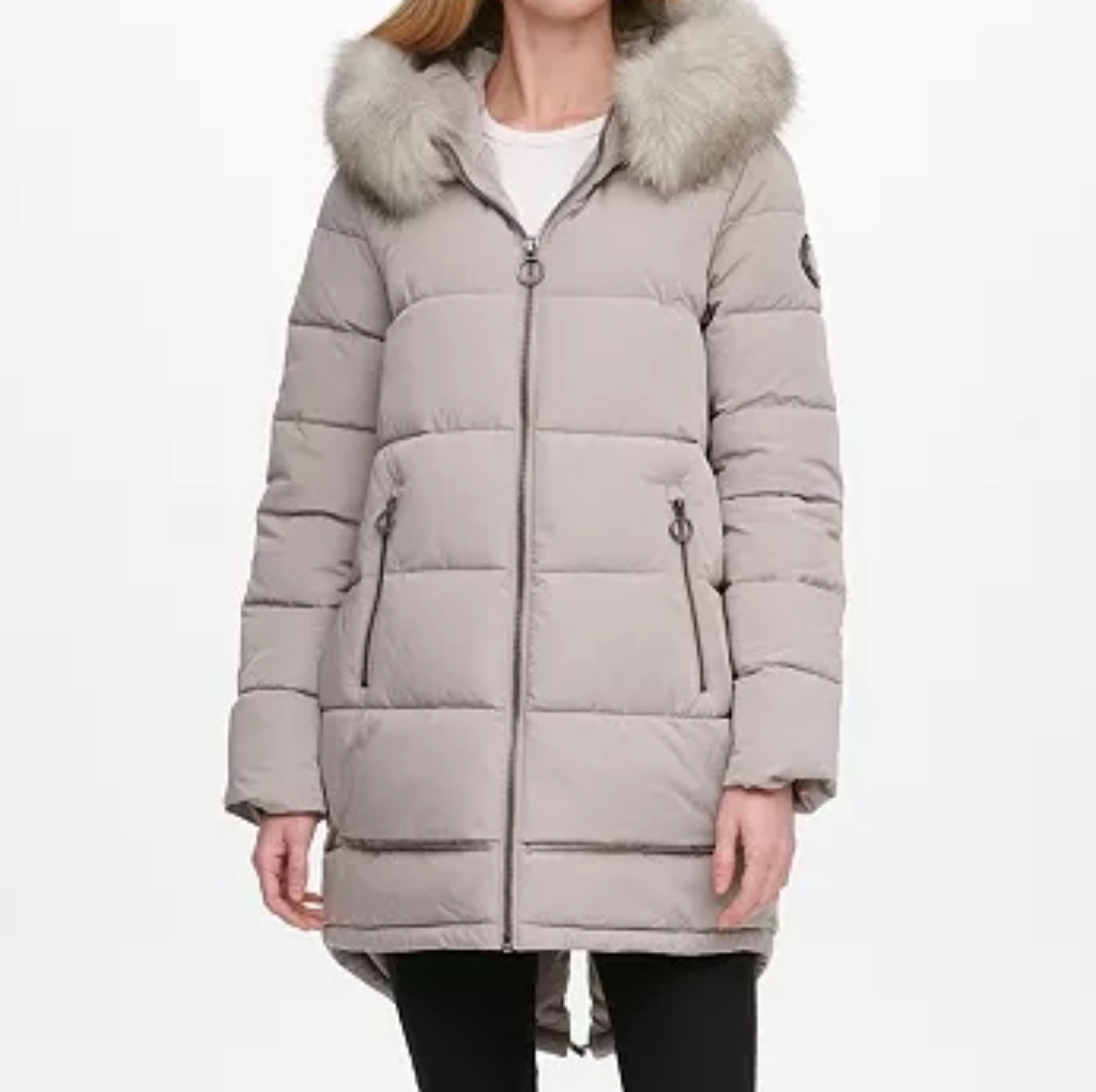 Dkny Water Resistant Puffer Jacket Thistle Taupe Gray Fur Hood Nuetral Small